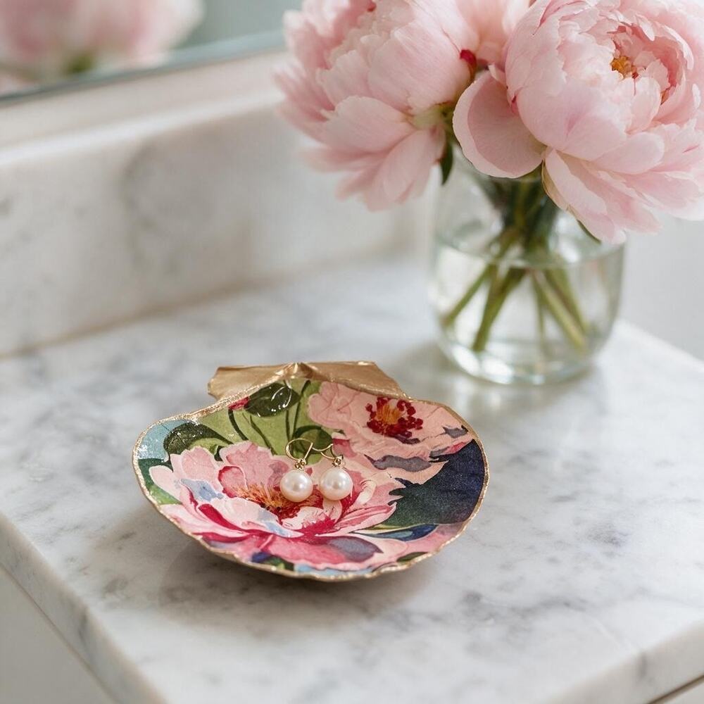 Peony Trinket Dish, Pink Floral Shell Jewelry Dish